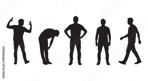This stark black and white image shows silhouettes of a man in different poses against a bright white backdrop, demonstrating actions like standing, walking, bending, and expressing emotion.