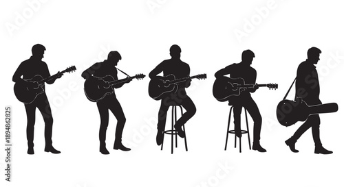 Group of guitarists shown in silhouette, playing, sitting on a stool, or carrying their instrument, over a white background. Can be used as an icon or design element.