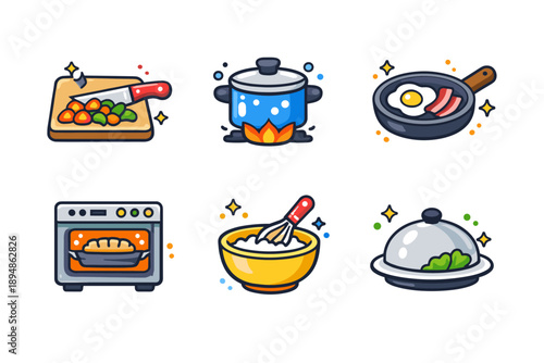 Colorful cooking and kitchen icon set featuring chopping vegetables, boiling pot, frying pan with egg, baking oven, mixing bowl, and covered dish