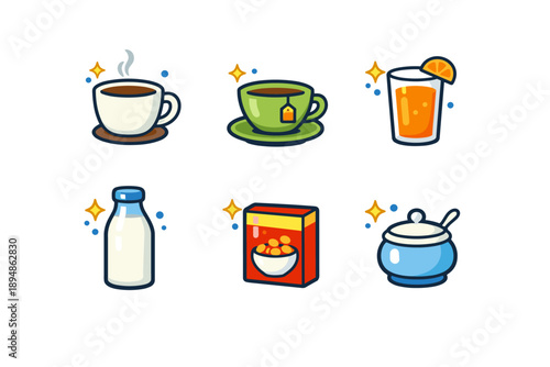 Colorful cartoon beverage and breakfast icons featuring coffee cup, tea with teabag, orange juice, milk bottle, cereal box, and sugar bowl