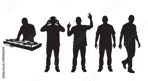 Black silhouettes feature a DJ mixing music and friends dancing in vector format, perfect for event flyers or music promotions.