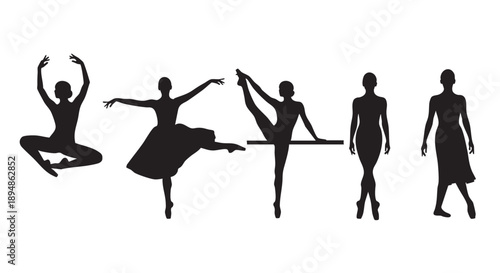 Five ballet dancer silhouettes are shown in various poses, isolated against white background. This image is suitable for fitness, dance, ballet, art and sport concepts.
