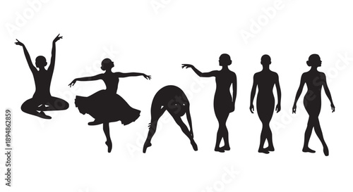 Elegant set of ballet dancer silhouettes in various poses against a clean white backdrop, ideal for illustrating dance, art, performance, and fitness concepts.