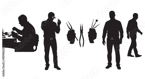 Black silhouettes depict jewelers crafting, inspecting rings with a loupe, and walking, with tools nearby, against a white background. For use in jewelry industry illustration.