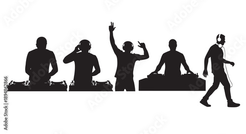 Black silhouettes of DJs performing music, cheering, and walking, set against a clean white backdrop, creating a dynamic and energetic visual ideal for party or music-related designs.
