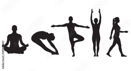 A sequence of black silhouette figures performing various yoga poses isolated on a white background, showcasing flexibility and wellness practices.