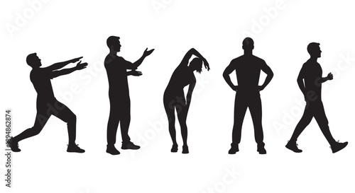 Five dark silhouettes of people exercise in different poses against a white background. Including stretching, walking, and ready position, ideal for fitness and health concepts.