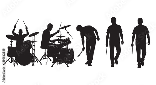 Black silhouettes of a drummer playing his drums, dropping a drum stick, and walking with a stick, on a white background, suitable for music, art, and design projects.