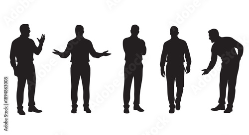 Several dark male silhouettes illustrate diverse business poses against a stark white background, useful for presentations or conceptual illustrations.