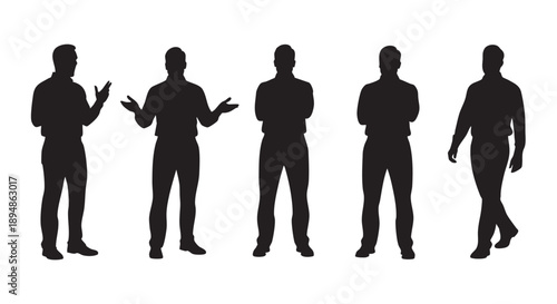 Collection of full body silhouettes of five businessmen in different poses, conveying concepts like communication, decision making, and leadership, ideal for presentations or web design.
