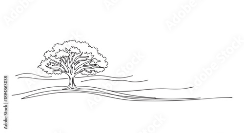 A simple, yet striking line art drawing features a solitary tree situated on rolling hills, creating a minimalist landscape for various creative projects.