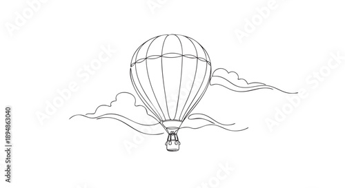 A minimalist, single-line drawing of a hot air balloon floating through clouds, conveying a sense of adventure, freedom, and peaceful travel in black and white.