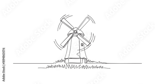 A simple, minimalist line drawing of a windmill with turning blades, isolated on white background, evoking peaceful, rural landscape with themes of energy and sustainability.
