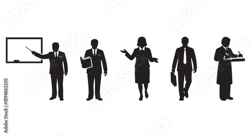This image features five business professionals silhouettes in different actions on a white background, perfect for demonstrating teamwork, presentations, and corporate concepts.