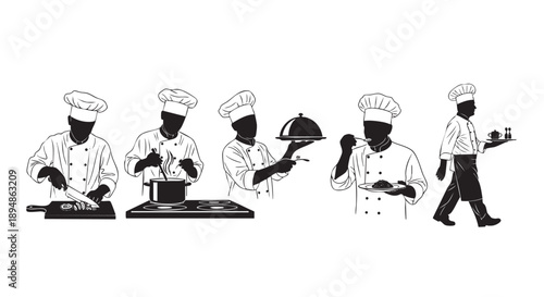Black and white illustration featuring chef silhouettes preparing, cooking and serving meals, isolated on a clean white background, suitable for culinary or food-related designs.