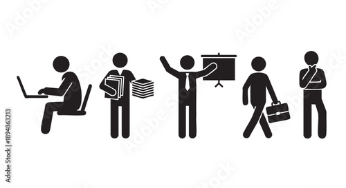 Black and white illustration showcasing different office worker icons, including laptop use, presentation, carrying documents and thinking.