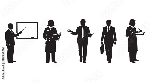 Five businesspeople silhouettes stand confidently, teaching, presenting, walking with briefcase, and taking notes in a clean, vector illustration.