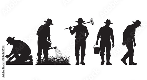 Black silhouettes of a farmer gardening, watering plants, and tending to crops in the field with tools.