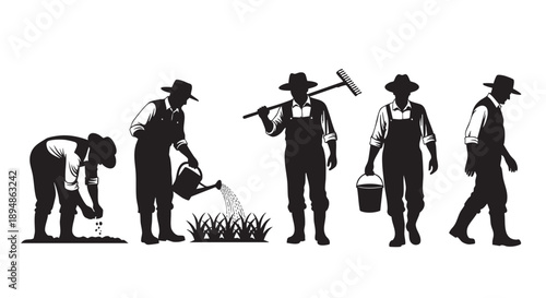 Silhouette illustration shows farmers planting seeds, watering, carrying equipment like a rake and bucket, black and white style agricultural work.