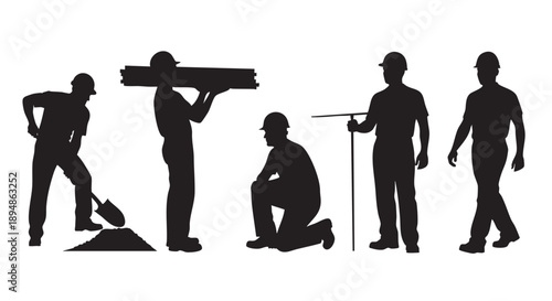 A silhouette of five construction workers performing various tasks like digging, carrying wood, kneeling and surveying the site.