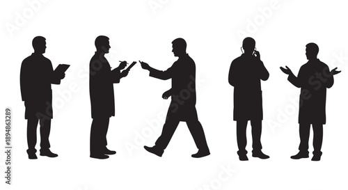 A set of doctor silhouettes show healthcare professionals in action, using medical clipboard, prescription, and stethoscope on a white background.