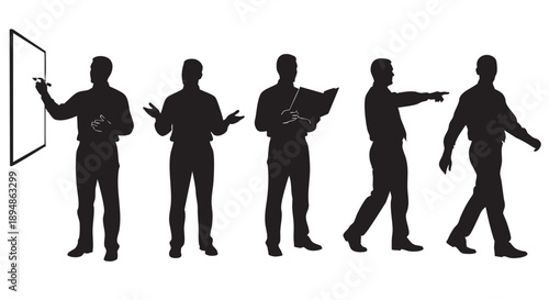 Set of silhouettes of business people in different poses like presenting, teaching, reading and walking isolated on white. Suitable for business concepts.