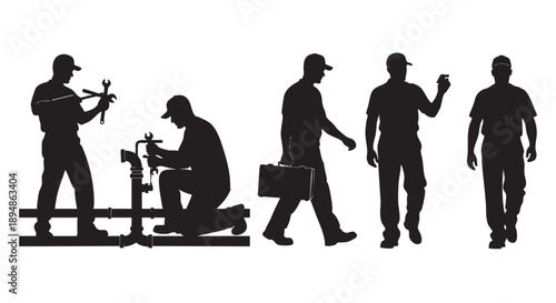 Black silhouettes of plumbers fixing pipes, walking with toolbox, on a white background ideal for representing plumbing services and construction workers.