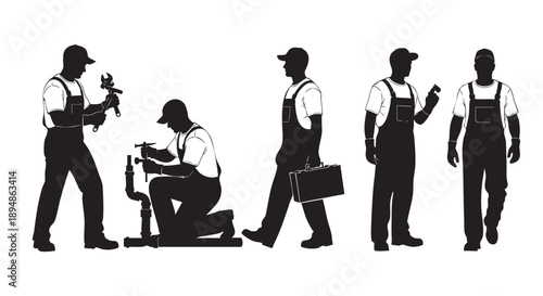 Silhouette illustration depicting various plumbers repairing pipes, walking with toolbox, isolated against white, useful for plumbing services ads or business presentations.