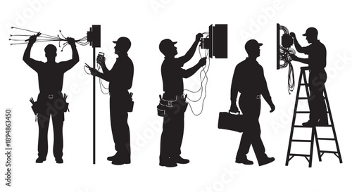 Silhouette illustration of multiple electricians working on electrical boxes, ladders and wires, providing services for construction, repair, and maintenance.
