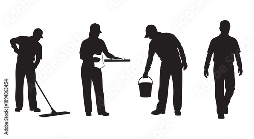 A set of janitors in silhouette are cleaning with a mop, wiping surfaces, and carrying a bucket on a white background.