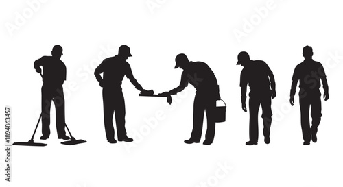 Silhouettes of workers cleaning, mopping, and maintaining a surface, set against a clean white background, conveying concepts of sanitation, hygiene, and upkeep in various settings.