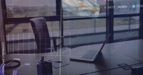 Animation of statistical and stock market data processing against office desk and argentina flag