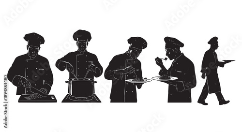 Black and white vector silhouette depicts chefs preparing meals, tasting pasta, and carrying food on a tray for restaurant service or culinary concepts.