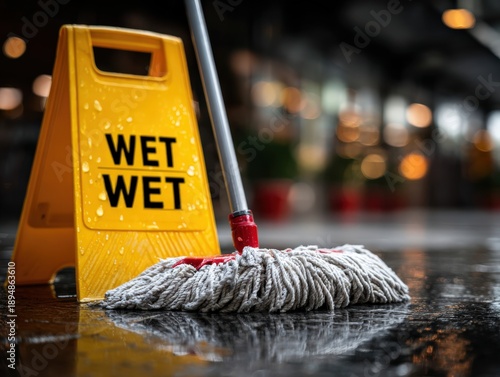 Safety First: A yellow wet floor sign and mop on a glossy, damp floor surface.