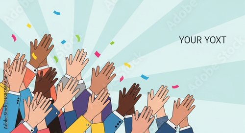 Diverse group of people clapping hands celebrating success with confetti.