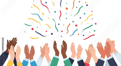 Diverse group of people clapping hands celebrating with confetti.