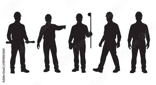 Silhouette illustration depicts a team of construction workers wearing hard hats, showing teamwork, planning, and working, ideal for illustrating projects, engineering, and construction themes.