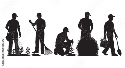 Silhouette illustration showing gardeners watering, raking, planting, trimming, and carrying tools in a garden setting, set against a white background.