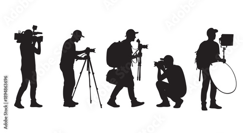 Black silhouettes of photographers working with video camera, dslr camera, reflector, and lighting equipment on white background in a studio environment.