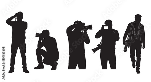 Silhouettes of photographers using cameras in different poses create a dynamic illustration, ideal for demonstrating photography, media, or creative professions against a clean white background.