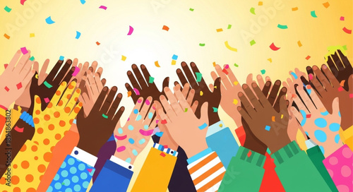 Diverse group of people clapping hands celebrating with confetti.