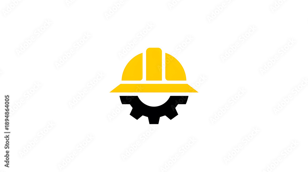 Fototapeta premium A yellow hard hat and black gear icon on a white background