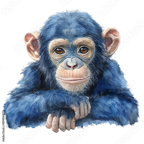 Chimpanzee, watercolor with intricate brush textures and gentle highlights, isolated on a white background.