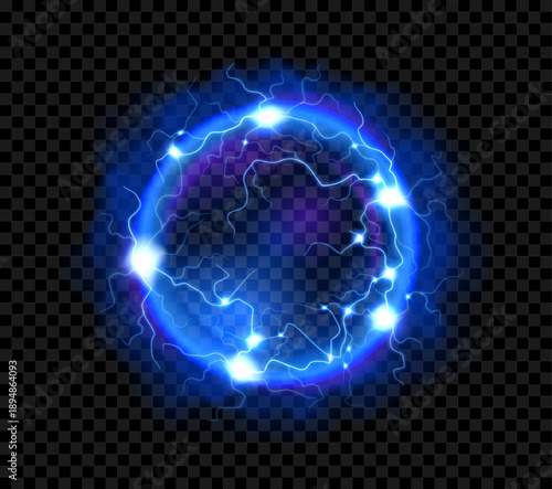 Fantastic energy ball with lightnings. Vector realistic electric power sphere with transparent fog. 3d glowing blue ball with plasma energy and lightning discharges isolated on checkered background.