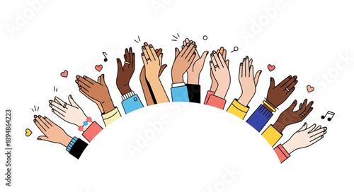 Diverse group of hands clapping together in celebration.