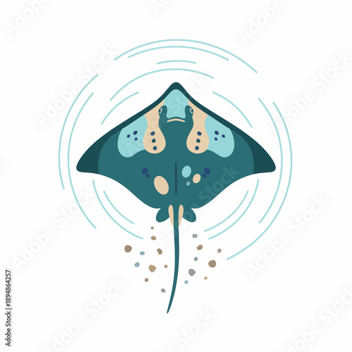 Stylized illustration of a teal stingray viewed from above surrounded by light blue rings