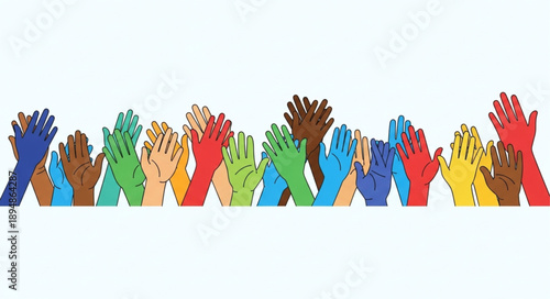 Diverse group of hands raised in celebration and unity.