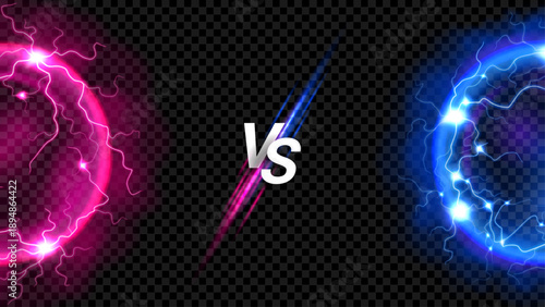 Epic collision of energy spheres. Vector illustration with pink and blue glowing balls with lightning electric discharges. Versus banner with sparkling neon spheres with hot plasma. VS concept.