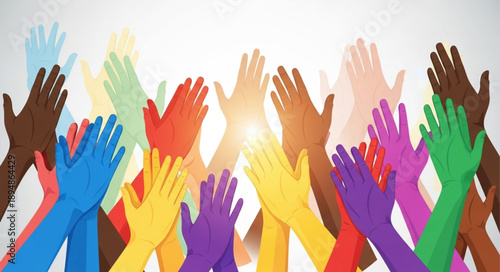 Diverse group of hands raised in unity and celebration.