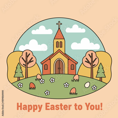 Vibrant Easter egg hunt scene outside a quaint church on a sunny day with blooming flowers and lush trees